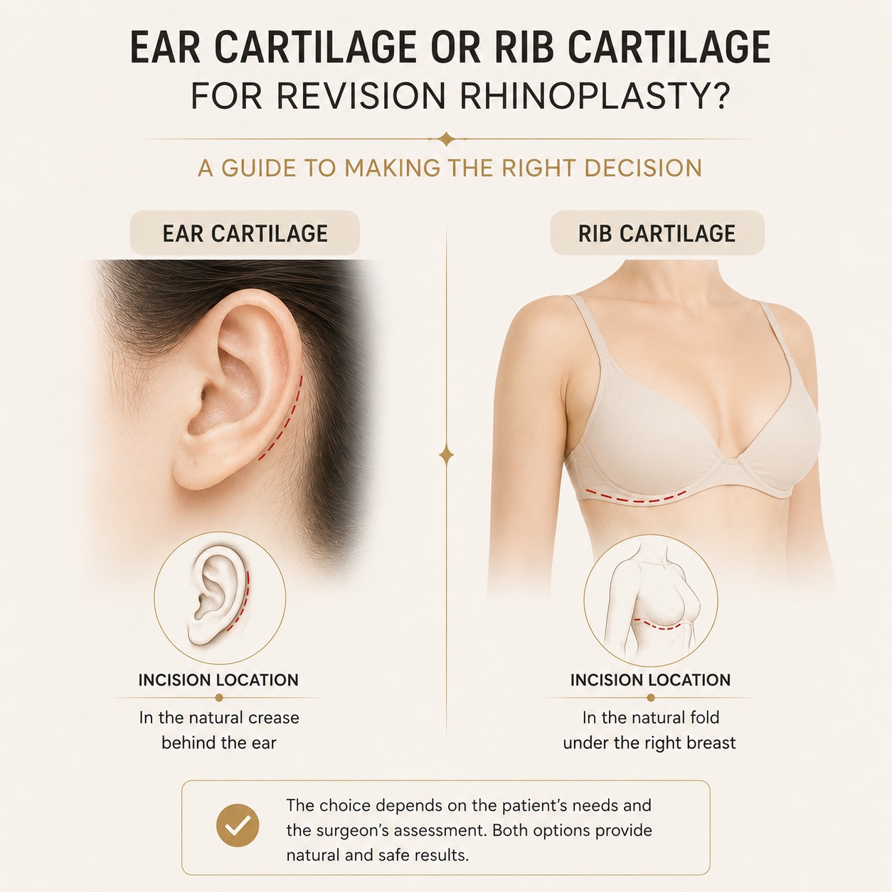Infographic comparing ear and rib cartilage for revision rhinoplasty