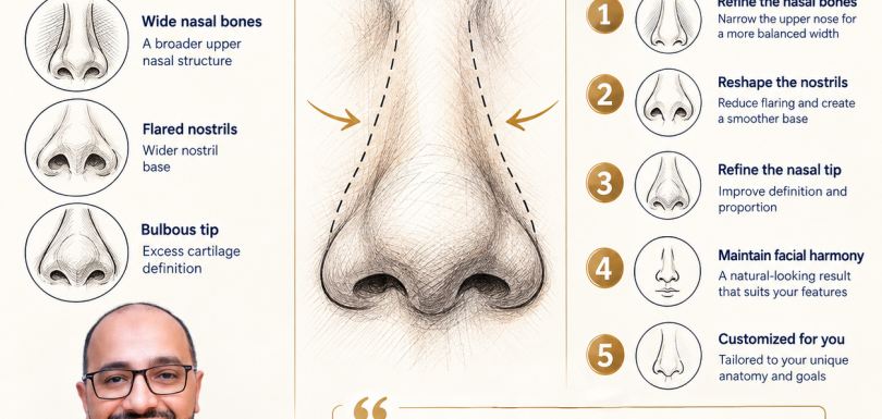 Infographic explaining wide nose rhinoplasty, nasal bone refinement and nostril reshaping