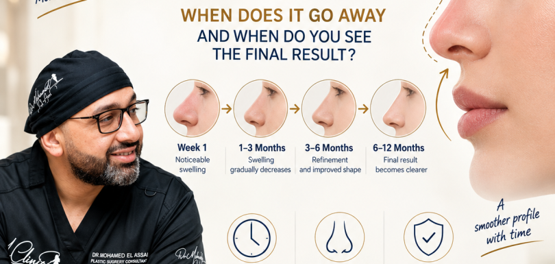 Infographic showing the stages of nose swelling recovery after rhinoplasty
