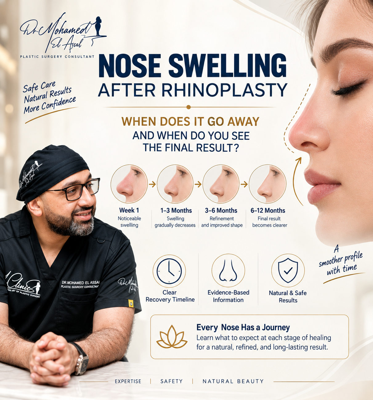 Rhinoplasty swelling recovery cover featuring Dr. Mohamed El Assal and recovery timeline icons