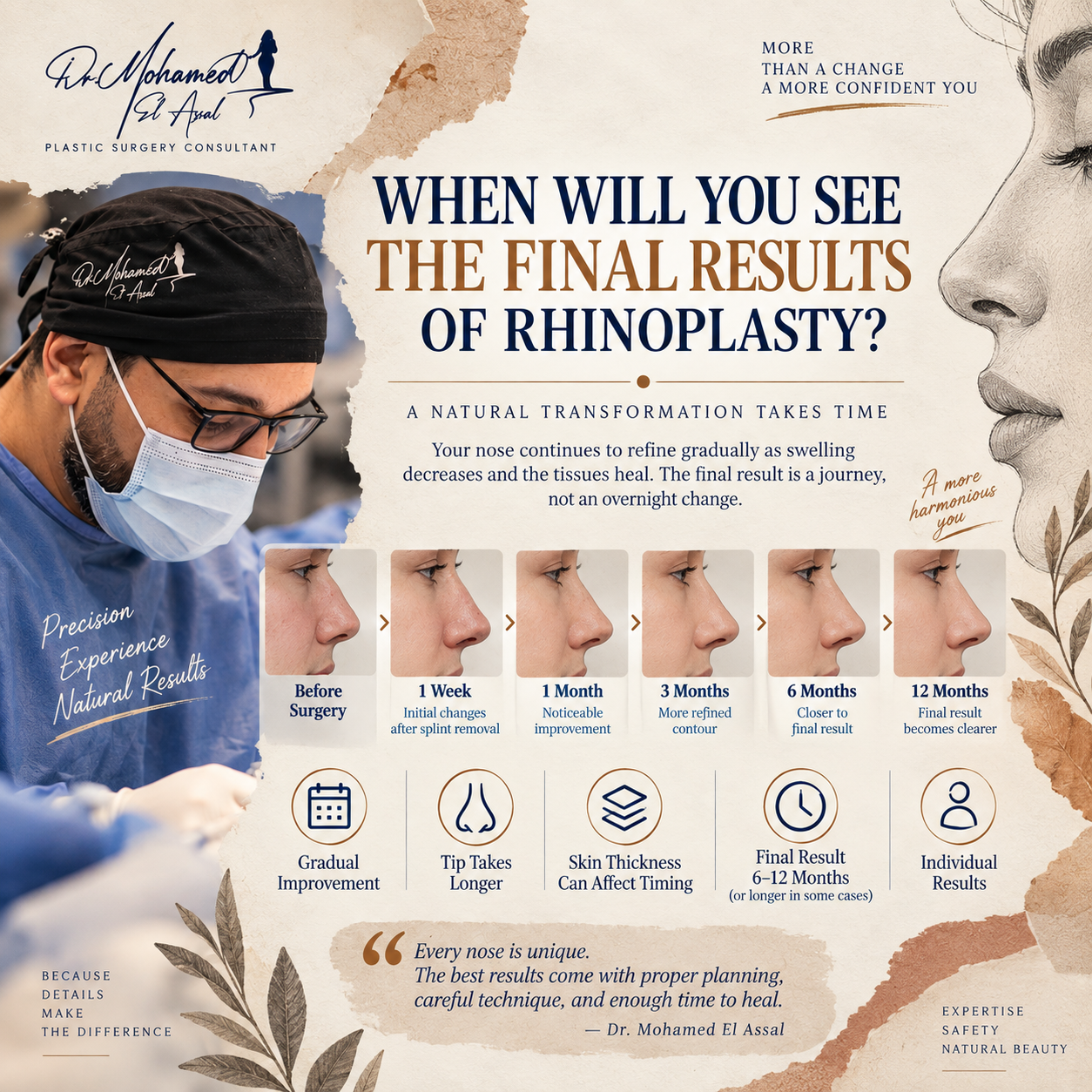 Infographic showing when final rhinoplasty results appear
