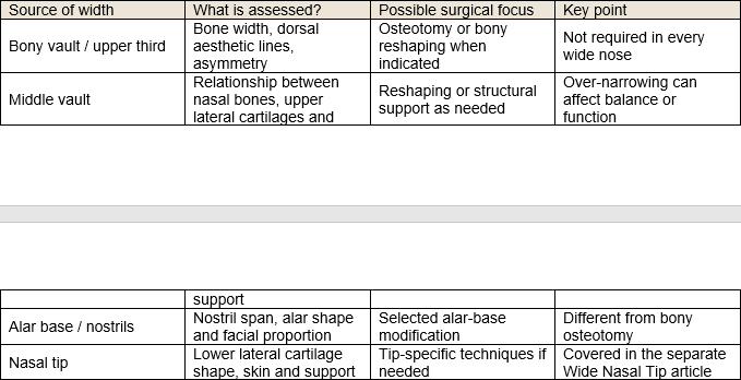 Table comparing nasal vault assessment and possible surgical approaches
